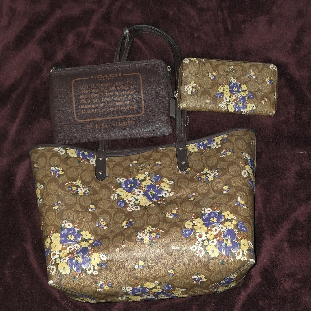Coach Reversible City Tote, Attached Zippered Bag, And Matching Floral Wallet